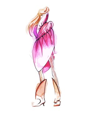 Watercolor fashion model in pink catwalk dress and brown boots. Abstract woman silhouette for beauty illustration. Elegant beautiful girl in hand drawn style. Vector stock on white isolated background