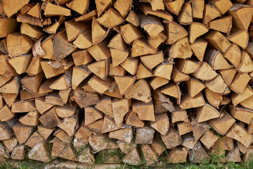 Wood burning stove. Firewood for furnace heating. Warehouse for firewood for stove.