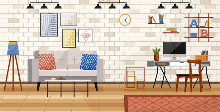 Workplace Room, Modern Bright Interior, Cabinet. Working From Home. Remote Work. Interior Empty No People. Office With Computer In Living Room. Colorful Vector In Flat Cartoon Style. Modern Workspace