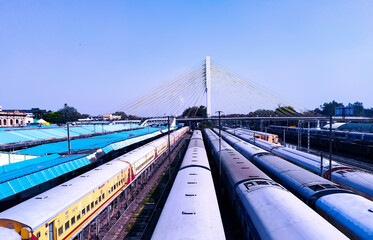 beautiful scenery of Indian trains parked at railway station due to corona virus effect on India, skyline view