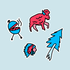 A set of stickers for attractions in the United States. The set includes the Head of a red chief, a bison animal with fur, a tree and a barbecue grill. Illustrations are made in multicolour color, the