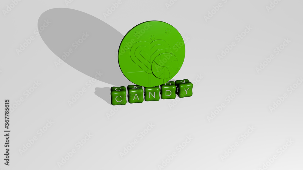 Aufkleber 3d graphical image of candy vertically along with text built by metallic cubic letters from the top 