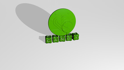 3D graphical image of CANDY vertically along with text built by metallic cubic letters from the top perspective, excellent for the concept presentation and slideshows. background and illustration