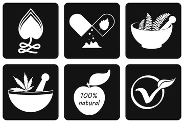 Herbal medicine set icons. Stencil eco symbols. Alternative medicine logo. Vector stock illustration. EPS 10