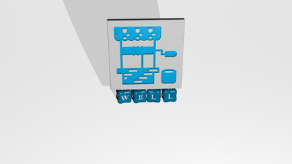 3D illustration of well graphics and text made by metallic dice letters for the related meanings of the concept and presentations