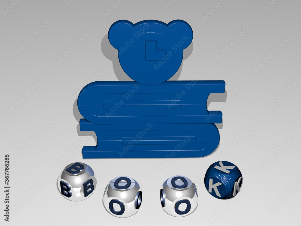 Poster 3d illustration of book graphics and text around the icon made by metallic dice letters for the rela