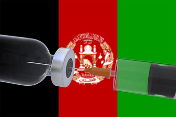 3D Illustration vaccine container bottle accompanied by a syringe with Afghanistan flag, covid, covid19, covid-19.