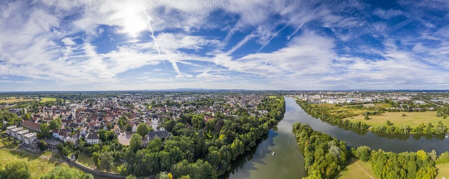 Aerial drone picture of the historical city of Steinheim near Hanau at river Main in Germany