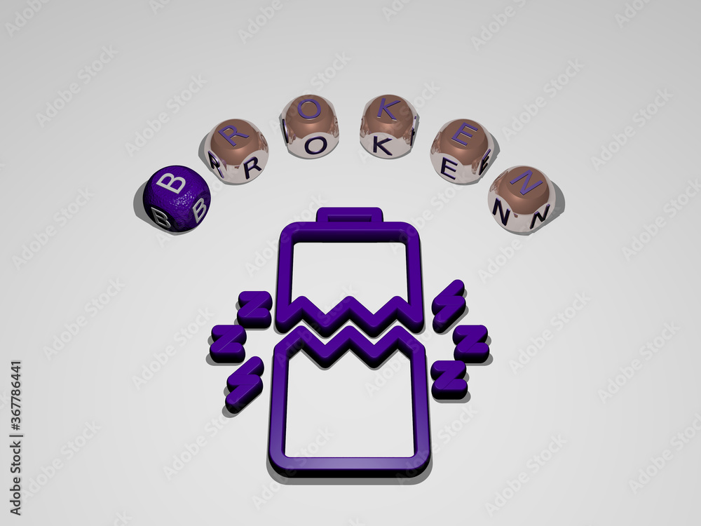 Poster 3d illustration of broken graphics and text around the icon made by metallic dice letters for the re
