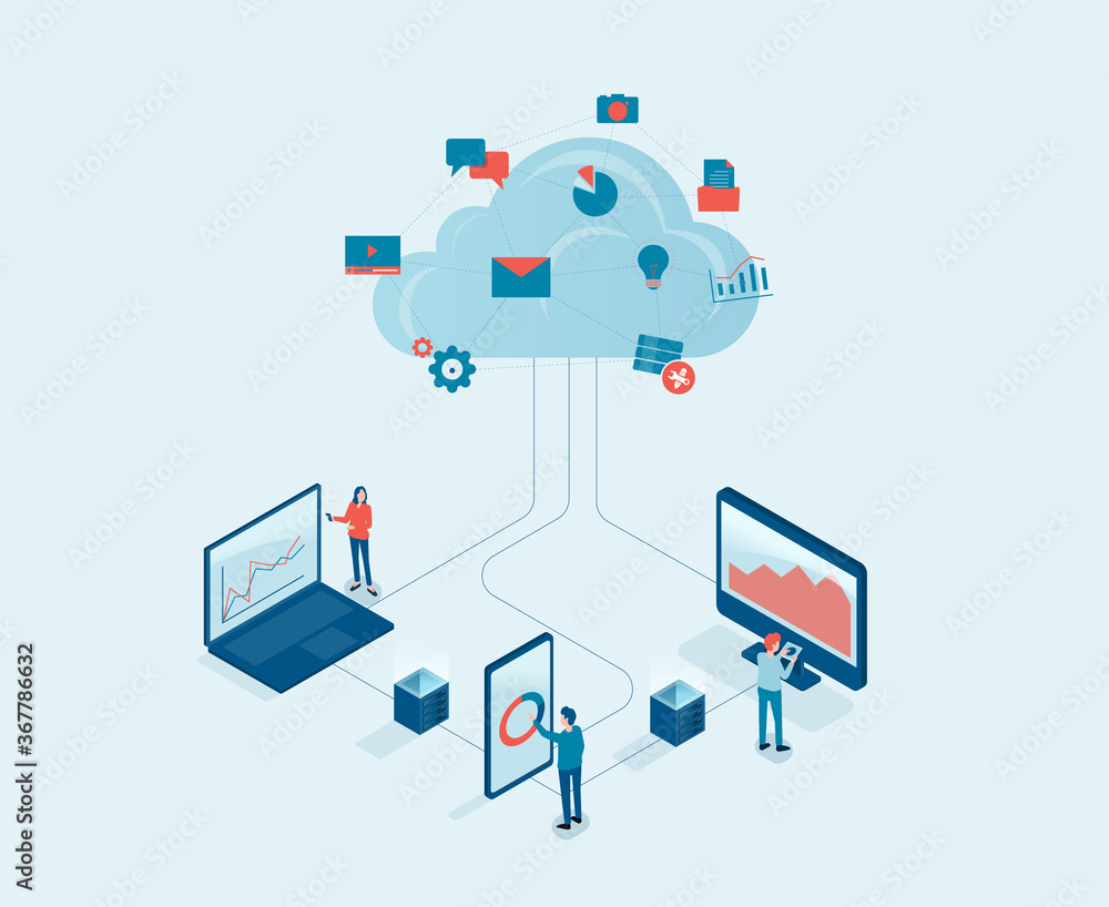 Aufkleber Flat vector business technology cloud computing server service concept with developer team working concept