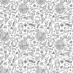 Pizza with ingredients and supplies hand drawn seamless pattern. Food doodles isolated on white background. Vector illustration.