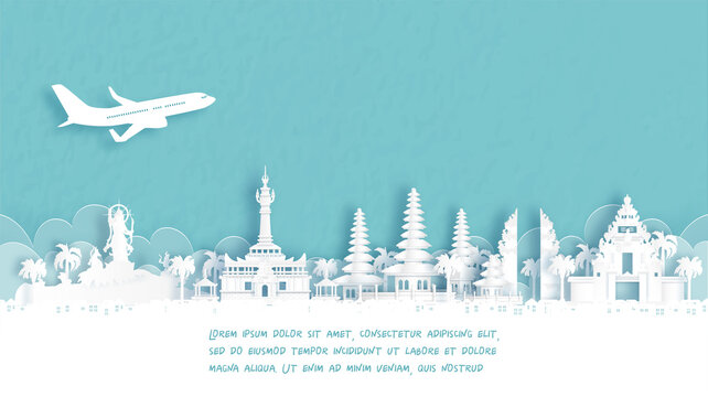 Travel poster with Welcome to Denpasar, Bali, Indonesia famous landmark in paper cut style vector illustration.