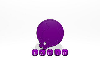 3D illustration of earth graphics and text made by metallic dice letters for the related meanings of the concept and presentations. background and blue