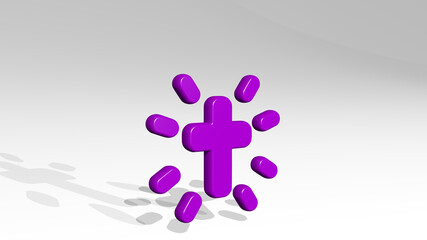 religion cross from a perspective with the shadow. A thick sculpture made of metallic materials of 3D rendering. church and architecture