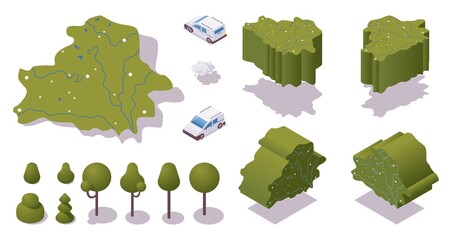 Various isometric views of 3d Belarus map with main cities and rivers. Collection with trees and cars good for infographic and print