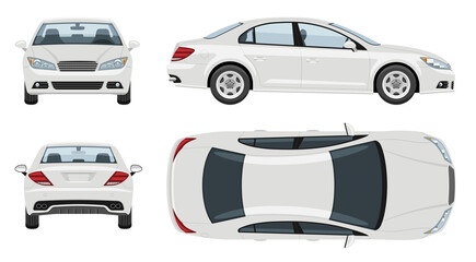 White car vector template with simple colors without gradients and effects. View from side, front, back, and top © Yuri Schmidt