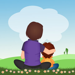 Fototapeta premium illustration of dad and son sitting on the grass