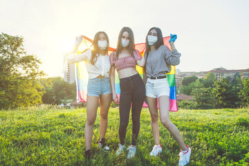 Group of asian girls going out after quarantine during coronavirus period. Young women outdoor with safety masks