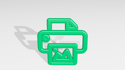 PRINT PICTURE from a perspective with the shadow. A thick sculpture made of metallic materials of 3D rendering. illustration and background