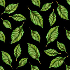 cherries with leaves on black background seamless pattern
