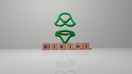 3D graphical image of bikini vertically along with text built by metallic cubic letters from the top perspective, excellent for the concept presentation and slideshows. beach and beautiful