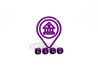 3D representation of BANK with icon on the wall and text arranged by metallic cubic letters on a mirror floor for concept meaning and slideshow presentation. business and illustration