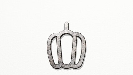 VEGETABLES PUMPKIN on the wall. 3D illustration of metallic sculpture over a white background with mild texture. food and fresh