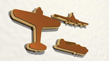 AEROPLANE made by 3D illustration of a shiny metallic sculpture on a wall with light background. airplane and aircraft