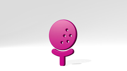 golf ball stand with shadow. 3D illustration of metallic sculpture over a white background with mild texture. club and green