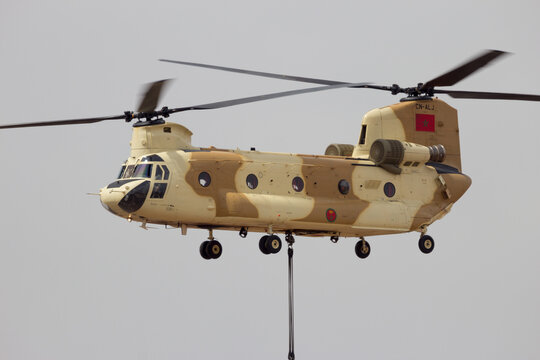 MARRAKECH, MOROCCO - APR 28, 2016: New CH-47D Chinook helicopter flyby at the Marrakech Air Show
