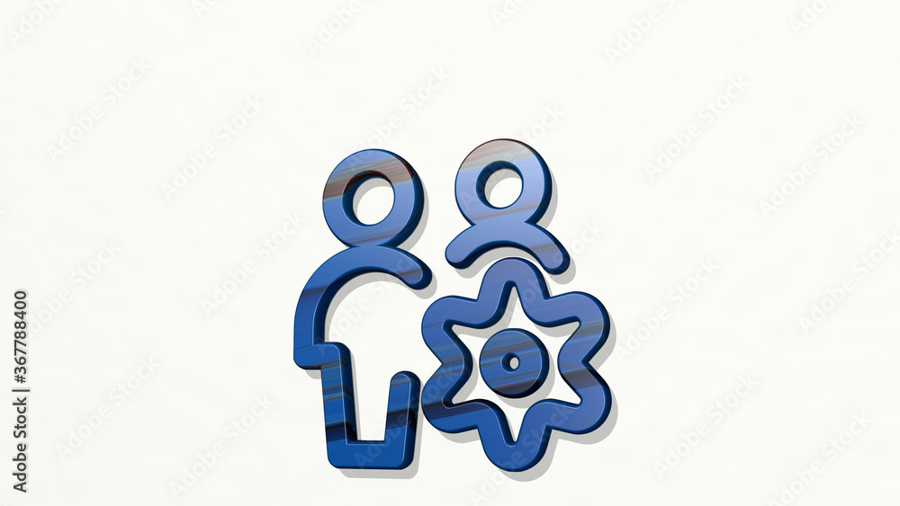 Poster multiple actions setting on the wall. 3D illustration of metallic sculpture over a white background with mild texture. abstract and blue