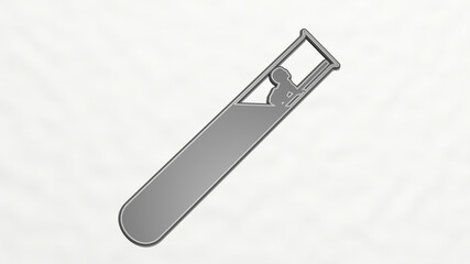 baby comes from lab tube on the wall. 3D illustration of metallic sculpture over a white background with mild texture. cute and child