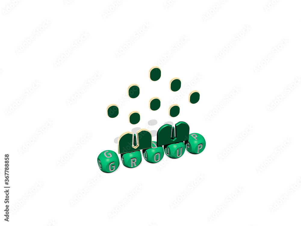Poster 3D representation of GROUP with icon on the wall and text arranged by metallic cubic letters on a mirror floor for concept meaning and slideshow presentation. background and illustration