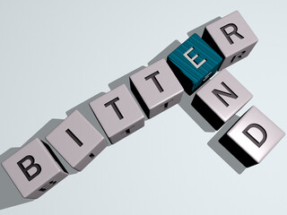 crosswords of BITTER END arranged by cubic letters on a mirror floor, concept meaning and presentation. background and illustration