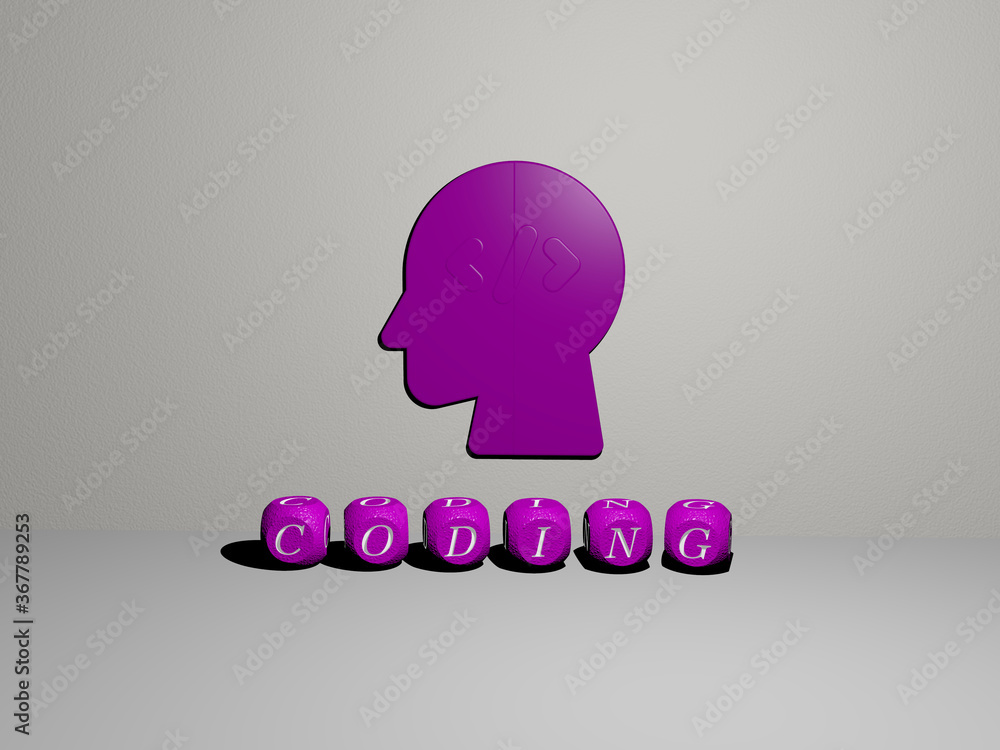 Fototapete 3d illustration of coding graphics and text made by metallic dice letters for the related meanings o
