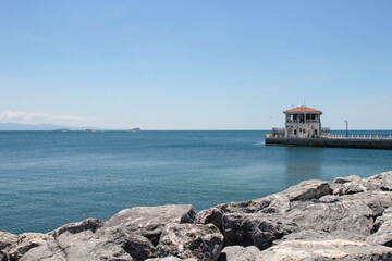 Historical Istanbul Moda Pier. White sailboats.