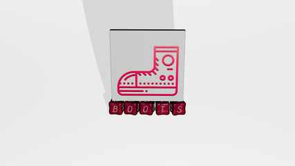 3D illustration of boots graphics and text made by metallic dice letters for the related meanings of the concept and presentations. background and black