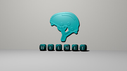 3D illustration of helmet graphics and text made by metallic dice letters for the related meanings of the concept and presentations. background and construction
