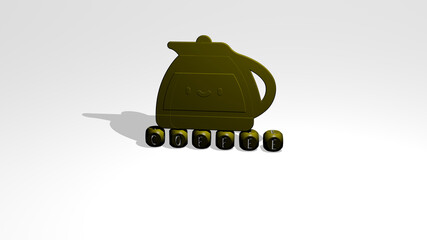 3D graphical image of COFFEE vertically along with text built by metallic cubic letters from the top perspective, excellent for the concept presentation and slideshows. background and cup