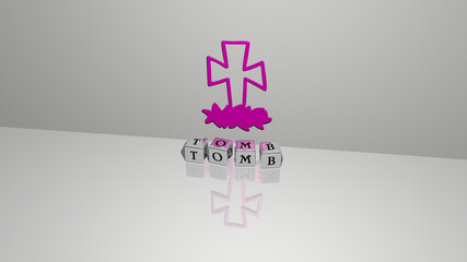 3D illustration of tomb graphics and text made by metallic dice letters for the related meanings of the concept and presentations. ancient and architecture