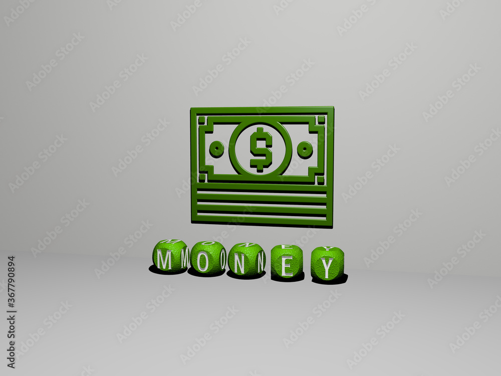 Poster 3d graphical image of money vertically along with text built by metallic cubic letters from the top 