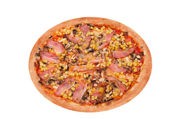 Pizza with chicken breast, corn, bacon and mushrooms. Italian tasty pizza isolated on white background, angle view
