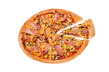 Tasty pizza with chicken breast, corn, bacon and mushrooms, with a slice slightly removed, isolated on white background, angle view