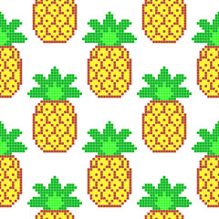 Seamless pattern with pixel pineapple, vector illustration