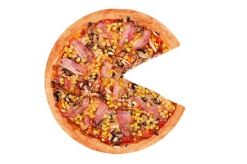 Pizza with chicken breast, corn, bacon and mushrooms, without one slice, isolated on white background, top view