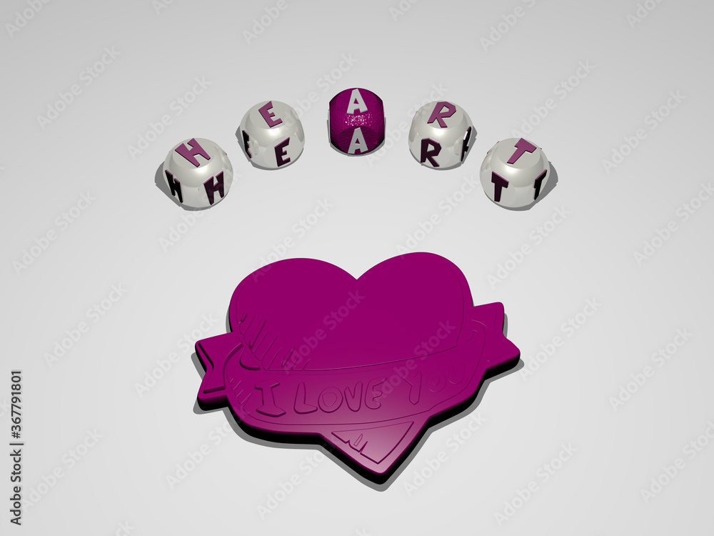 Poster 3d representation of heart with icon on the wall and text arranged by metallic cubic letters on a mi