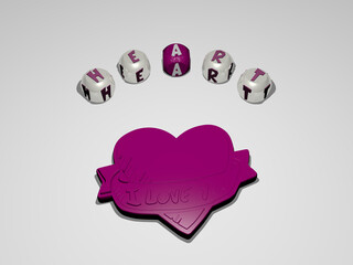 3D representation of HEART with icon on the wall and text arranged by metallic cubic letters on a mirror floor for concept meaning and slideshow presentation. illustration and background