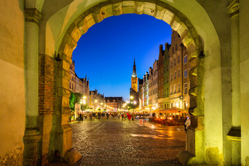 View from the Green Gate to the Long Street in Gdańsk by night, Poland - obrazy, fototapety, plakaty