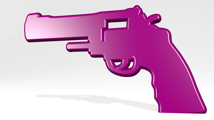 gun made by 3D illustration of a shiny metallic sculpture with the shadow on light background. army and black