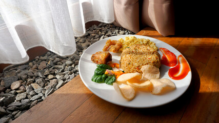 Fried rice or Nasi Goreng with scrambled egg, chicken and shrimp
